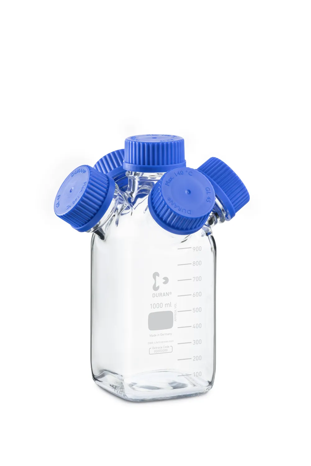 DWK DURAN® GL 45 Hydra HPLC 清洗瓶，方形，透明，带 4 个 GL 45 侧颈