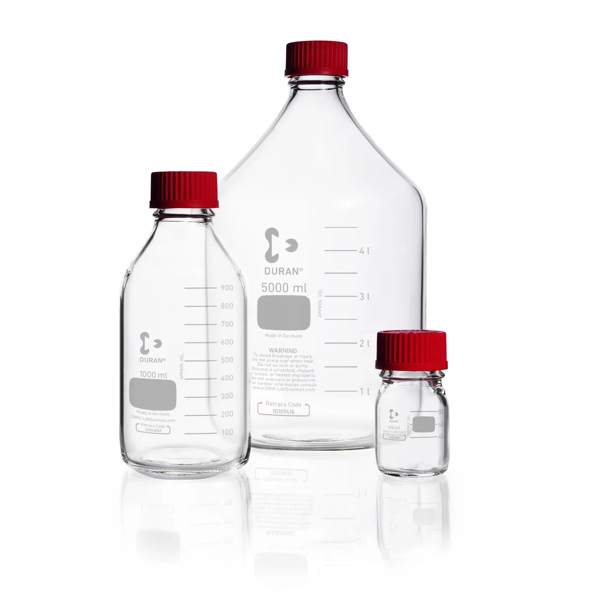 DWK DURAN® 原装 GL 45 实验室瓶，透明，带耐高温螺旋盖（PBT，红色）和倾倒环（ETFE，红色）
