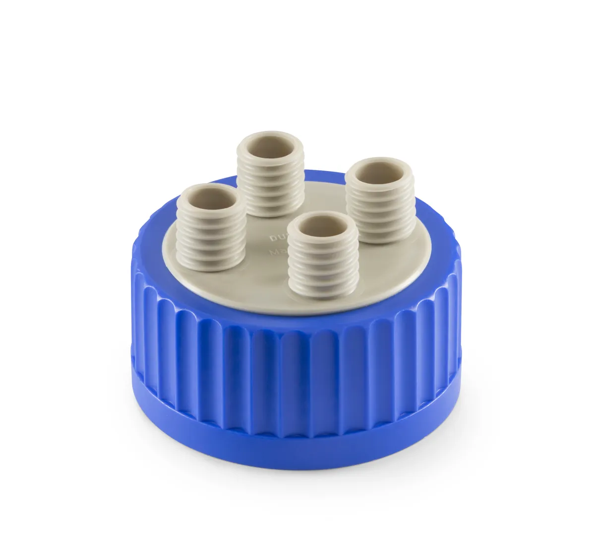DWK DURAN® GLS 80® 连接盖系统，宽口，带螺旋盖，4 个 GL 18 端口和圆形密封件，PP/EPDM，蓝色/灰色/白色
