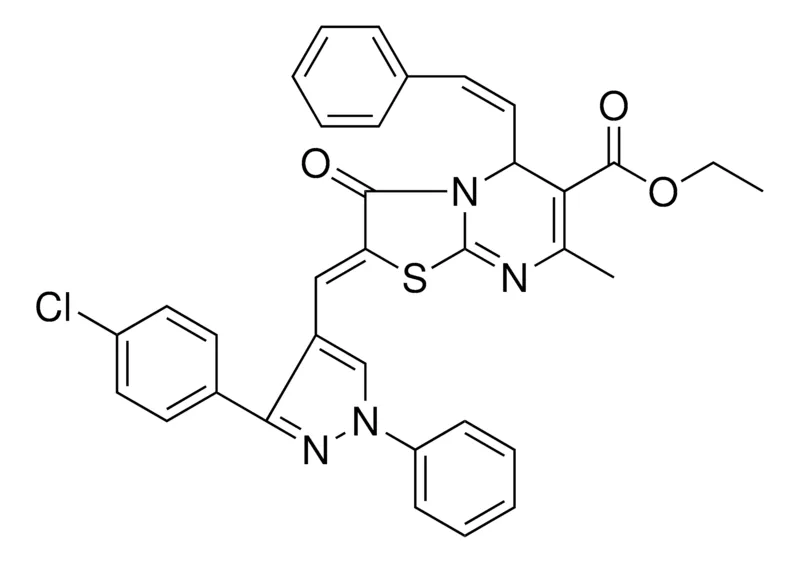 Sigma-Aldrich ETHYL (2Z)-2-{[3-(4-CHLOROPHENYL)-1-PHENYL-1H-PYRAZOL-4-YL]METHYLENE}-7-METHYL-3-OXO-5-[(Z)-2-PHENYLETHENYL]-2,3-DIHYDRO-5H-[1,3]THIAZOLO[3,2-A]PYRIMIDINE-6-CARBOXYLATE，AldrichCPR