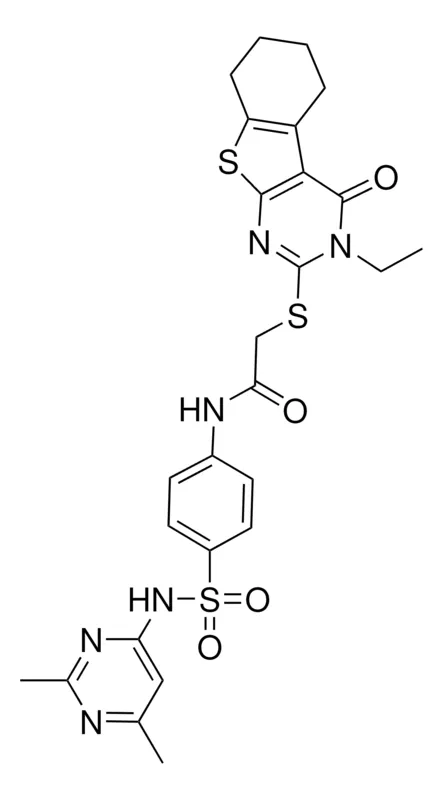 Sigma-Aldrich N-(4-{[(2,6-DIMETHYL-4-PYRIMIDINYL)AMINO]SULFONYL}PHENYL)-2-[(3-ETHYL-4-OXO-3,4,5,6,7,8-HEXAHYDRO[1]BENZOTHIENO[2,3-D]PYRIMIDIN-2-YL)SULFANYL]ACETAMIDE，AldrichCPR