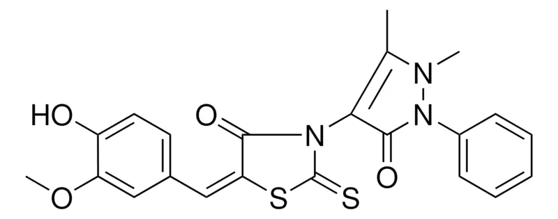 Sigma-Aldrich (5E)-3-(1,5-DIMETHYL-3-OXO-2-PHENYL-2,3-DIHYDRO-1H-PYRAZOL-4-YL)-5-(4-HYDROXY-3-METHOXYBENZYLIDENE)-2-THIOXO-1,3-THIAZOLIDIN-4-ONE,AldrichCPR