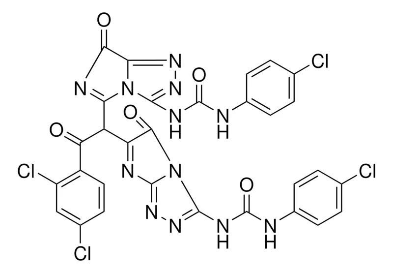 Sigma-Aldrich N-{5-[1-(3-{[(4-CHLOROANILINO)CARBONYL]AMINO}-5-OXO-5H-IMIDAZO[2,1-C][1,2,4]TRIAZOL-6-YL)-2-(2,4-DICHLOROPHENYL)-2-OXOETHYL]-7-OXO-7H-IMIDAZO[5,1-C][1,2,4]TRIAZOL-3-YL}-N'-(4-CHLOROPHENYL)UREA，AldrichCPR