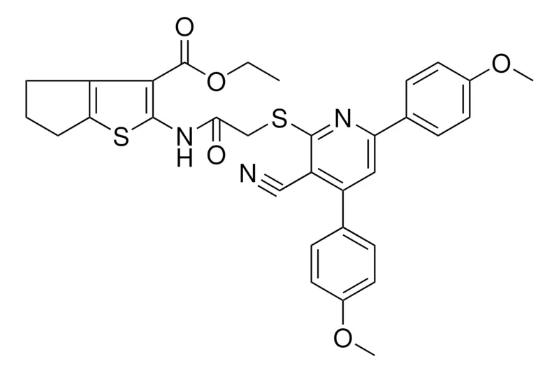 Sigma-Aldrich ETHYL 2-[({[3-CYANO-4,6-BIS(4-METHOXYPHENYL)-2-PYRIDINYL]SULFANYL}ACETYL)AMINO]-5,6-DIHYDRO-4H-CYCLOPENTA[B]THIOPHENE-3-CARBOXYLATE，AldrichCPR