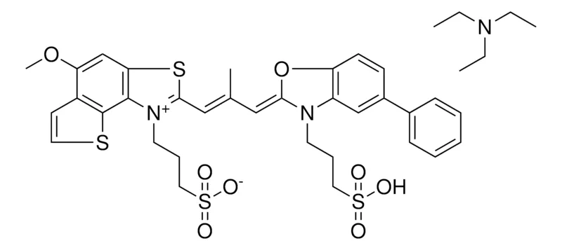 Sigma-Aldrich 3-{5-METHOXY-2-[(1E,3Z)-2-METHYL-3-(5-PHENYL-3-(3-SULFOPROPYL)-1,3-BENZOXAZOL-2(3H)-YLIDENE)-1-PROPENYL]THIENO[2,3-E][1,3]BENZOTHIAZOL-1-IUM-1-YL}-1-PROPANESULFONATE COMPOUND WITH N,N,N-TRIETHYLAMINE，AldrichCPR