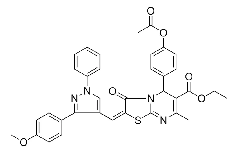 Sigma-Aldrich ETHYL (2E)-5-[4-(ACETYLOXY)PHENYL]-2-{[3-(4-METHOXYPHENYL)-1-PHENYL-1H-PYRAZOL-4-YL]METHYLENE}-7-METHYL-3-OXO-2,3-DIHYDRO-5H-[1,3]THIAZOLO[3,2-A]PYRIMIDINE-6-CARBOXYLATE，AldrichCPR