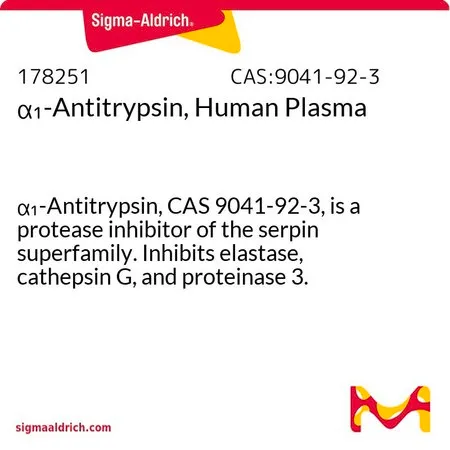 Sigma-Aldrich α1-Antitrypsin, Human Plasma,α 1-抗胰蛋白酶,CAS 9041 - 92 - 3,是丝氨酸蛋白酶抑制剂超家族的蛋白酶抑制剂。抑制弹性蛋白酶、组织蛋白酶G和蛋白酶3。
