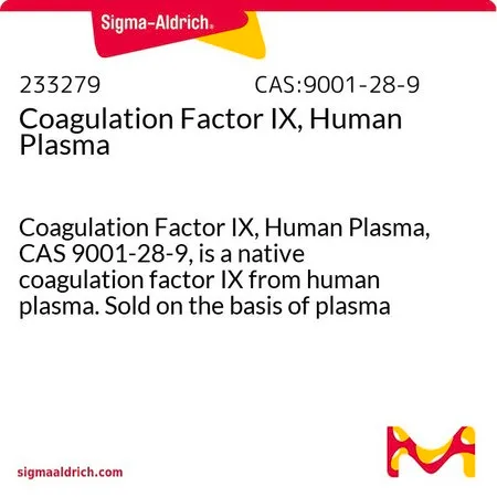 Sigma-Aldrich Coagulation Factor IX, Human Plasma,凝血因子IX,人血浆,CAS 9001-28-9,是来自人血浆的天然凝血因子IX。以血浆当量单位出售。100血浆当量单位= 500 µg。