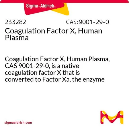 Sigma-Aldrich Coagulation Factor X, Human Plasma,凝血因子X,人血浆,CAS 9001-29-0,是一种天然凝血因子X,可转化为因子Xa,因子Xa是将凝血酶原转化为凝血酶的酶。