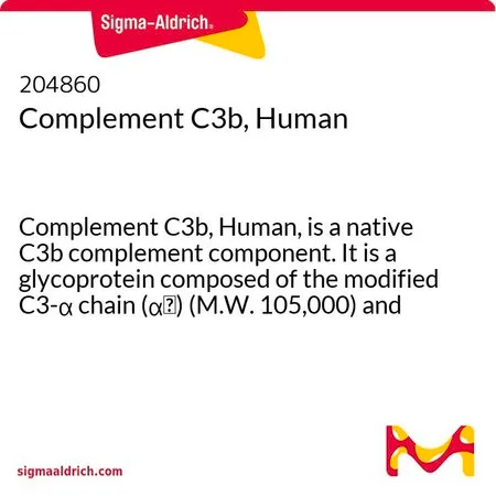 Sigma-Aldrich 补体C3b,人,补体C3 b,人,是天然C3 b补体成分,是一种由修饰的C3-α链(α链)(分子量105,000)和完整的C3-β链(分子量75,000)组成的糖蛋白。