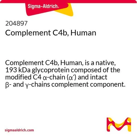 Sigma-Aldrich Complement C4b, Human，补体C4 b（人）是一种天然的193 kDa糖蛋白，由修饰的C4 α链（α′）和完整的β链和γ链补体成分组成。