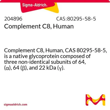 Sigma-Aldrich 补体C8,人,人补体C8(CAS 80295-58-5)是一种天然糖蛋白,由64(α)、64(β)和22 kDa(γ)三个不同亚基组成。