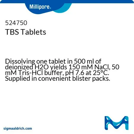 默克密理博 TBS Tablets，将一片片剂溶于500 ml去离子水中，得到150 mM NaCl，50 mM Tris-HCl缓冲液，pH 7.6，25 ° C。以方便的泡罩包装提供。注：1片= 10片。