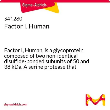 Sigma-Aldrich Factor I, Human,人第一因子是一种糖蛋白,由两个不同的二硫键连接的亚基组成,分子量分别为50和38 kDa,是一种丝氨酸蛋白酶,需要蛋白质辅因子才能切割底物。