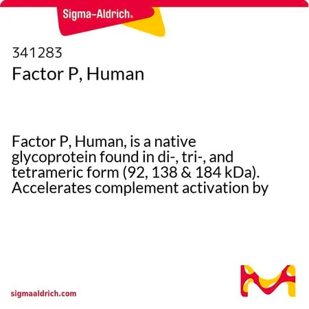 Sigma-Aldrich Factor P, Human，P因子，人，是一种天然糖蛋白，以二聚体、三聚体和四聚体形式存在（92、138和184 kDa）。通过结合并稳定C3和C5转化酶来加速补体激活。