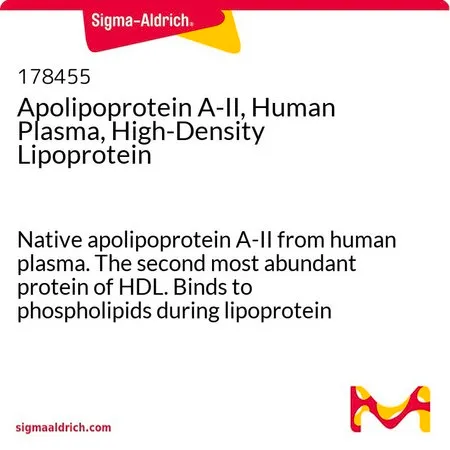 Sigma-Aldrich Apolipoprotein A-II, Human Plasma, High-Density Lipoprotein，人血浆中的天然载脂蛋白A-II。HDL中第二丰富的蛋白质。在脂蛋白代谢过程中与磷脂结合。取代与脂蛋白结合的LCAT。