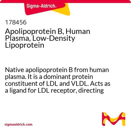 Sigma-Aldrich Apolipoprotein B, Human Plasma, Low-Density Lipoprotein,人血浆中的天然载脂蛋白B。它是LDL和VLDL的主要蛋白质成分。作为LDL受体的配体,指导LDL从血浆清除到肝脏。