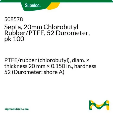 默克Supelco 20mm 氯丁基橡胶/PTFE 密封隔垫，邵氏硬度52，100个/包，PTFE/橡胶（氯化丁基），直径x厚度20 mm x 0.150 in.，硬度52（硬度计：海岸A）