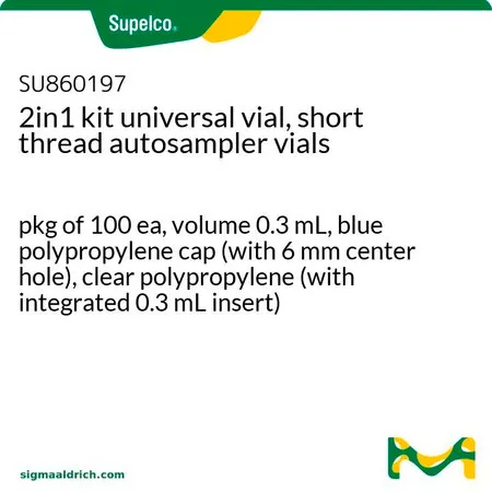 默克Supelco 二合一套件，通用样品瓶，短螺纹自动进样器样品瓶，每包100 ea，体积0.3 mL，蓝色聚丙烯盖（带6 mm中心孔），透明聚丙烯（带集成0.3 mL插件）