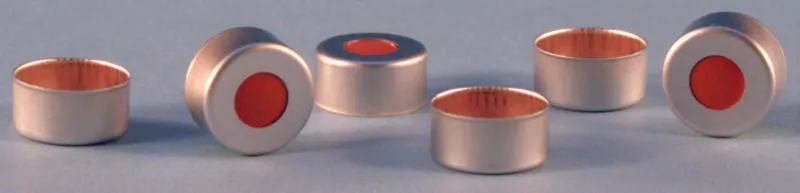 默克Supelco 带红色橡胶/PTFE 隔垫的钳口密封盖，密封件直径11 mm，PTFE/红色橡胶隔片，每包100个