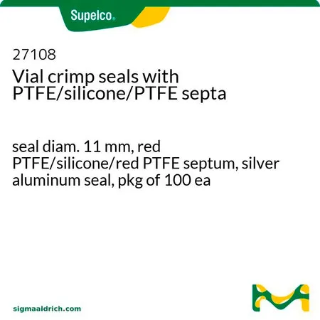 默克Supelco Vial crimp seals with PTFE/silicone/PTFE septa，密封件直径11 mm，红色PTFE/硅胶/红色PTFE隔膜，银铝密封件，每包100个
