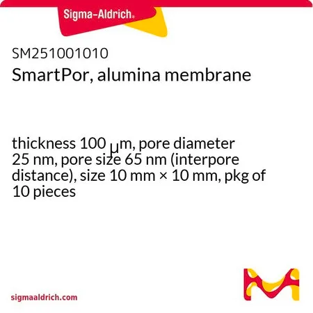 Sigma-Aldrich SmartPor, alumina membrane，厚度100 μm，孔径25 nm，孔径65 nm（孔间距离），尺寸10 mm × 10 mm，包装10件