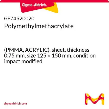 Sigma-Aldrich Polymethylmethacrylate，(PMMA，丙烯酸），片材，厚度0.75 mm，尺寸125 × 150 mm，条件冲击改性