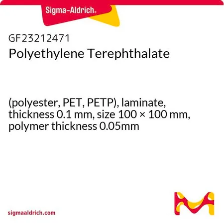 Sigma-Aldrich Polyethylene Terephthalate，（聚酯、PET、PETP），层压，厚度0.1 mm，尺寸100 × 100 mm，聚合物厚度0.05 mm