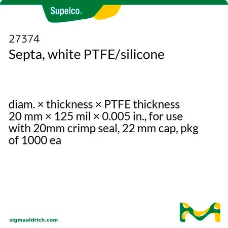 默克Supelco 白色 PTFE/硅胶隔垫，直径×厚度× PTFE厚度20 mm × 125 mil × 0.005 in.，用于20 mm压接密封，22 mm帽，1000个包装