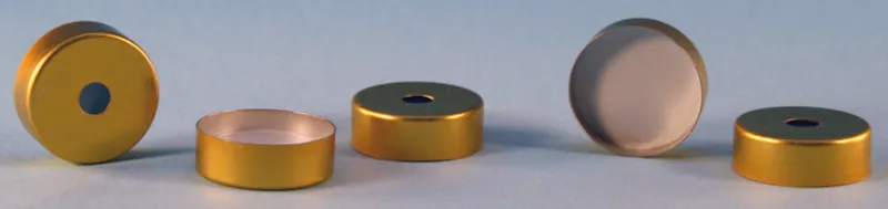 默克Supelco Crimp seals (magnetic) with PTFE/silicone septa, pkg/100，金色密封（磁性，带8 mm中心孔），PTFE/硅胶（蓝色PTFE/白色硅胶），直径×厚度20 mm × 1.5 mm，中心开口