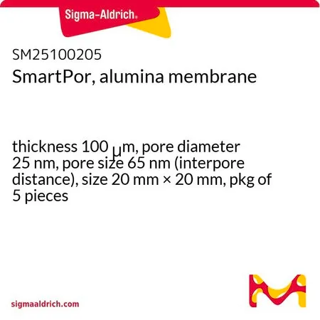 Sigma-Aldrich SmartPor, alumina membrane，厚度100 μm，孔径25 nm，孔径65 nm（孔间距），尺寸20 mm × 20 mm，5件装