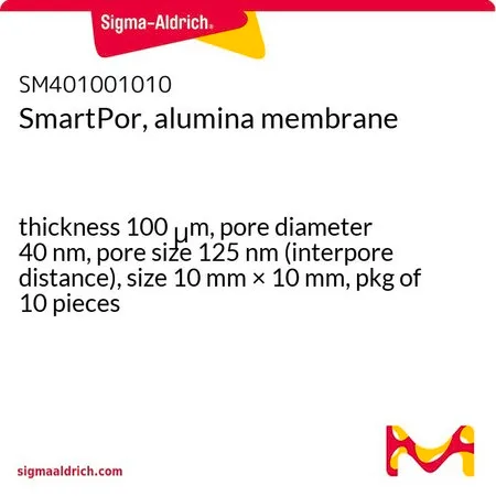 Sigma-Aldrich SmartPor, alumina membrane，厚度100 μm，孔径40 nm，孔径125 nm（孔间距），尺寸10 mm × 10 mm，10件装