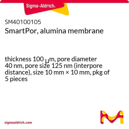 Sigma-Aldrich SmartPor, alumina membrane，厚度100 μm，孔径40 nm，孔径125 nm（孔间距），尺寸10 mm × 10 mm，5件装