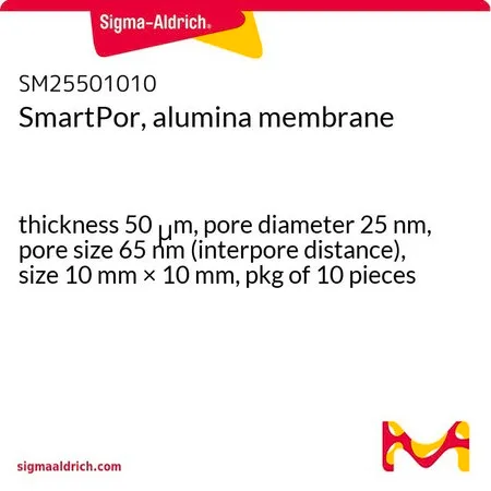 Sigma-Aldrich SmartPor, alumina membrane，厚度50 μm，孔径25 nm，孔径65 nm（孔间距），尺寸10 mm × 10 mm，10件装